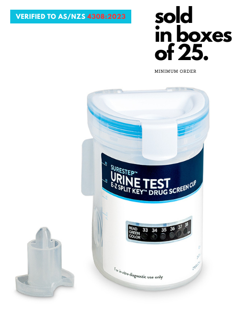 Surestep urine test screen cup with key drug screen cup on a white background