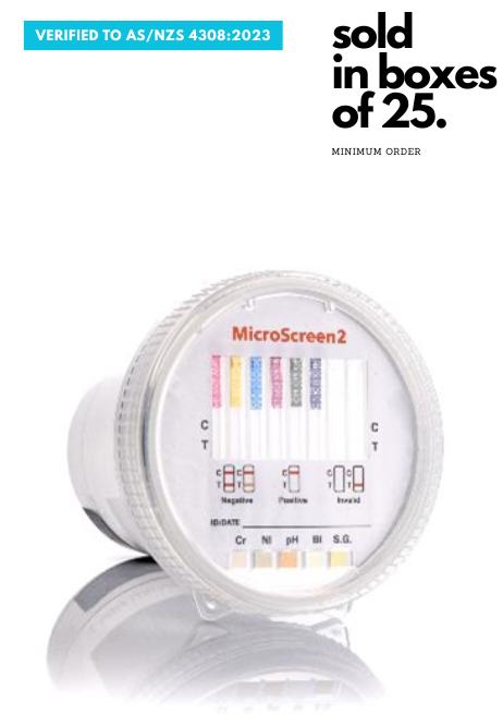 MicroScreen2 test device on a white background with text about packaging and minimum order quantity.