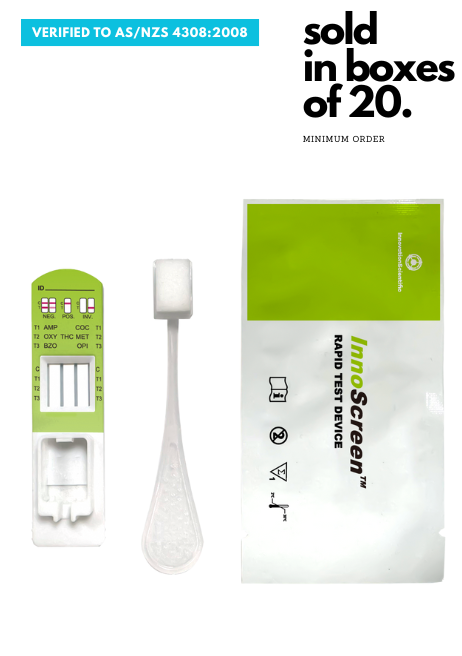 Innoscreen Oral Fluid DOA Rapid test device - 6 drugs of abuse.   Verified under the standard AS/NZS 4760:2019