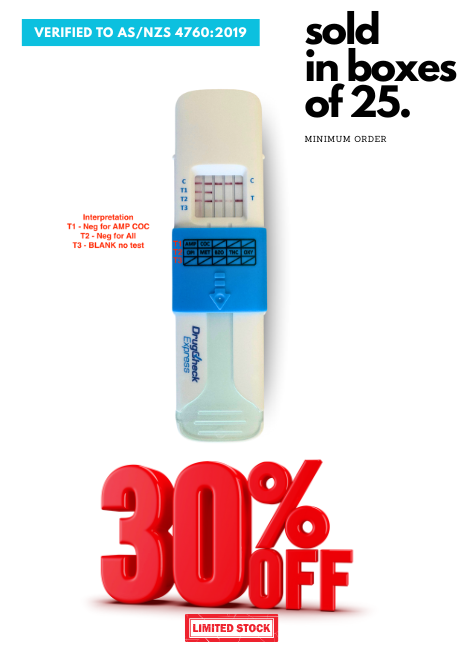 Drug Check Express Saliva Tracer 7  oral fluid drug test AS/NZS 4760:2019 verified for use. 7 drugs of abuse. on a white background. with a 30% OFF RED SALE icon