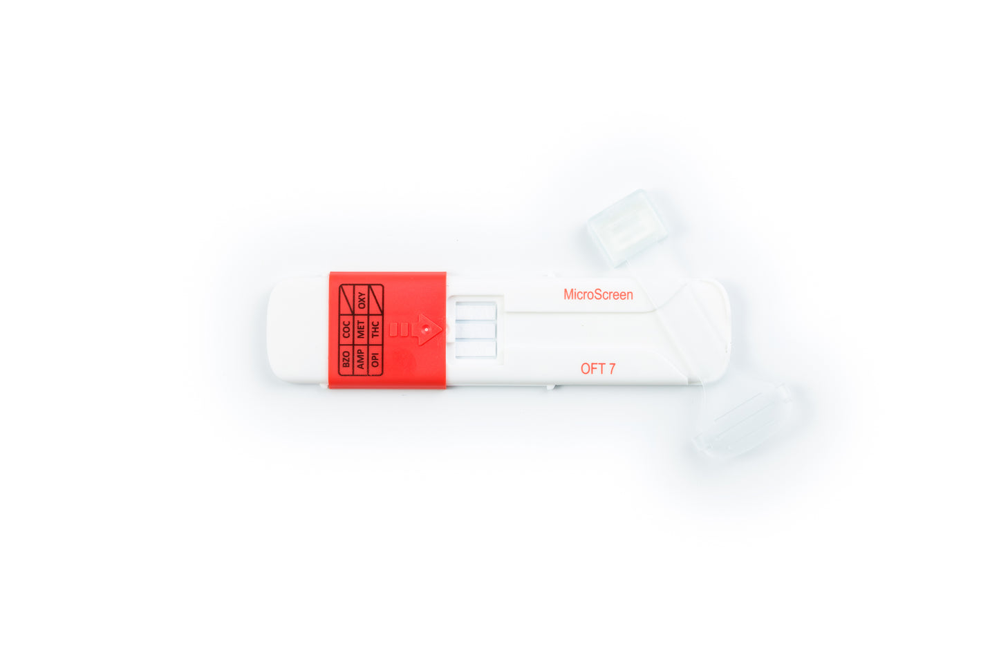 White microscreen oft7 saliva device with a red slide cover on a white background