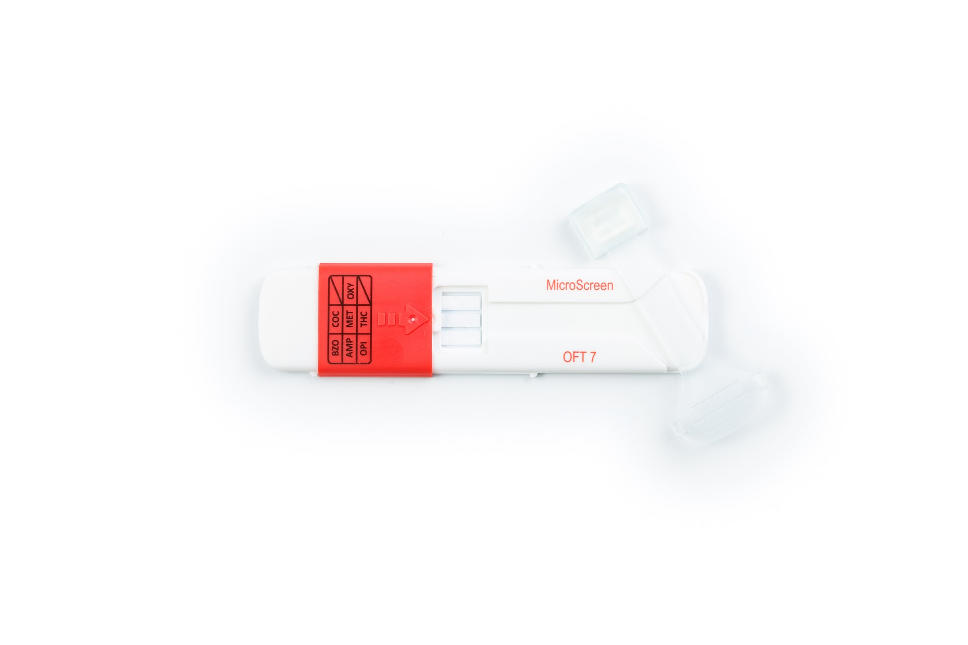 White microscreen oft7 saliva device with a red slide cover on a white background