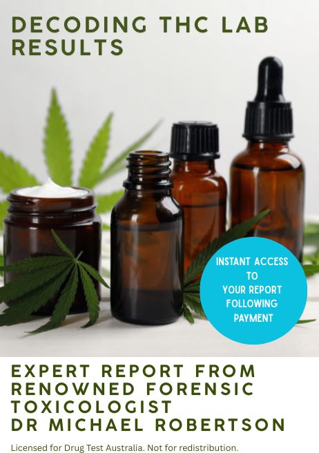 Bottles with cannabis leaves on a white background, featuring text about cannabis in the workplace.  selling Digital toxicology report explaining how to interpret cannabis THC laboratory results – Drug Test Australia resource