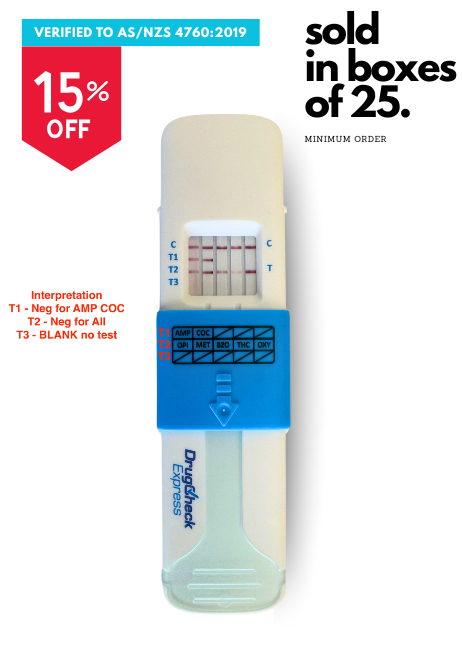 Drug Check Express Saliva Tracer 7  oral fluid drug test AS/NZS 4760:2019 verified for use. 7 drugs of abuse. on a white background. with a 15% OFF RED SALE STICKER