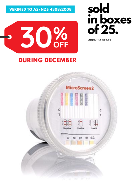 MicroScreen2 device with promotional text about a 30% discount during December, sold in boxes of 25.  Microscreen 2 Urine cup AS/NZS4308:2008 Drug detection urine cup