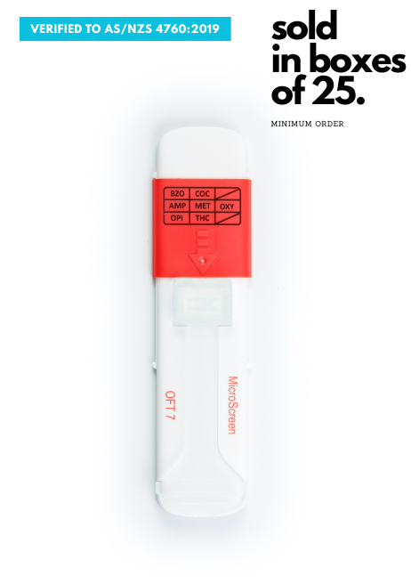 White Microscreen OFT7 Saliva device  for Drugs of Abuse  testing with a red label on a white background, featuring text about packaging and minimum order quantity.