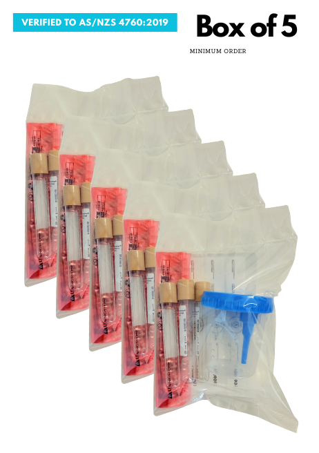 “DTA pack of 5 Urine Confirmatory Analysis Kits sealed pack with vacutainers, transfer cup, biohazard bag, tamper evident seals and absorbent pad.”